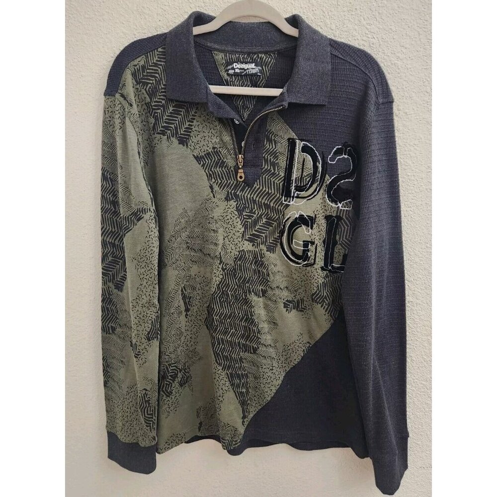 Desigual Men’s Green & Gray Patchwork Long Sleeve Pullover Polo Shirt sz XL